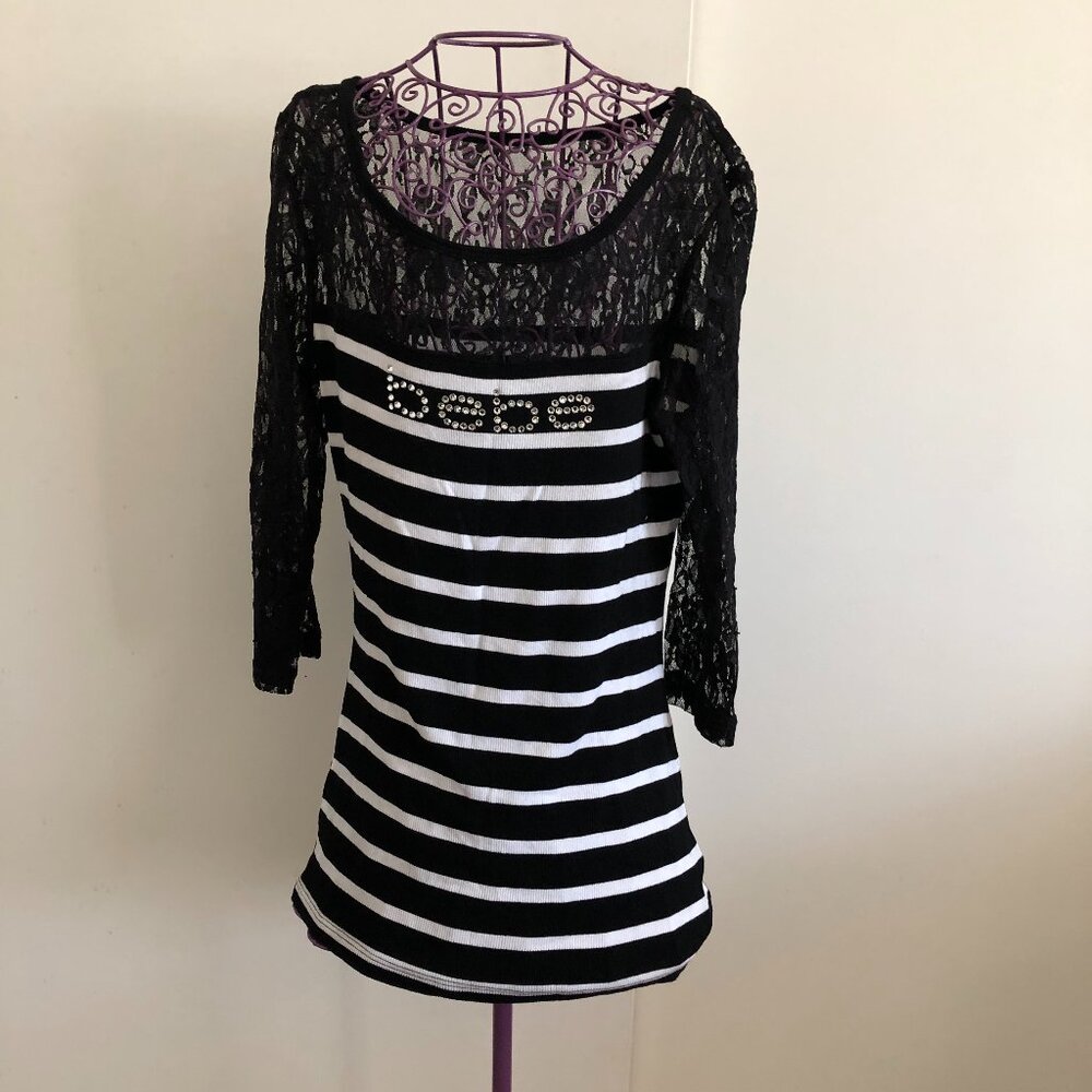 BEBE WOMEN'S SWAROVSKI CRYSTAL RHINESTONE LOGO STRIPED LACE TOP SIZE M